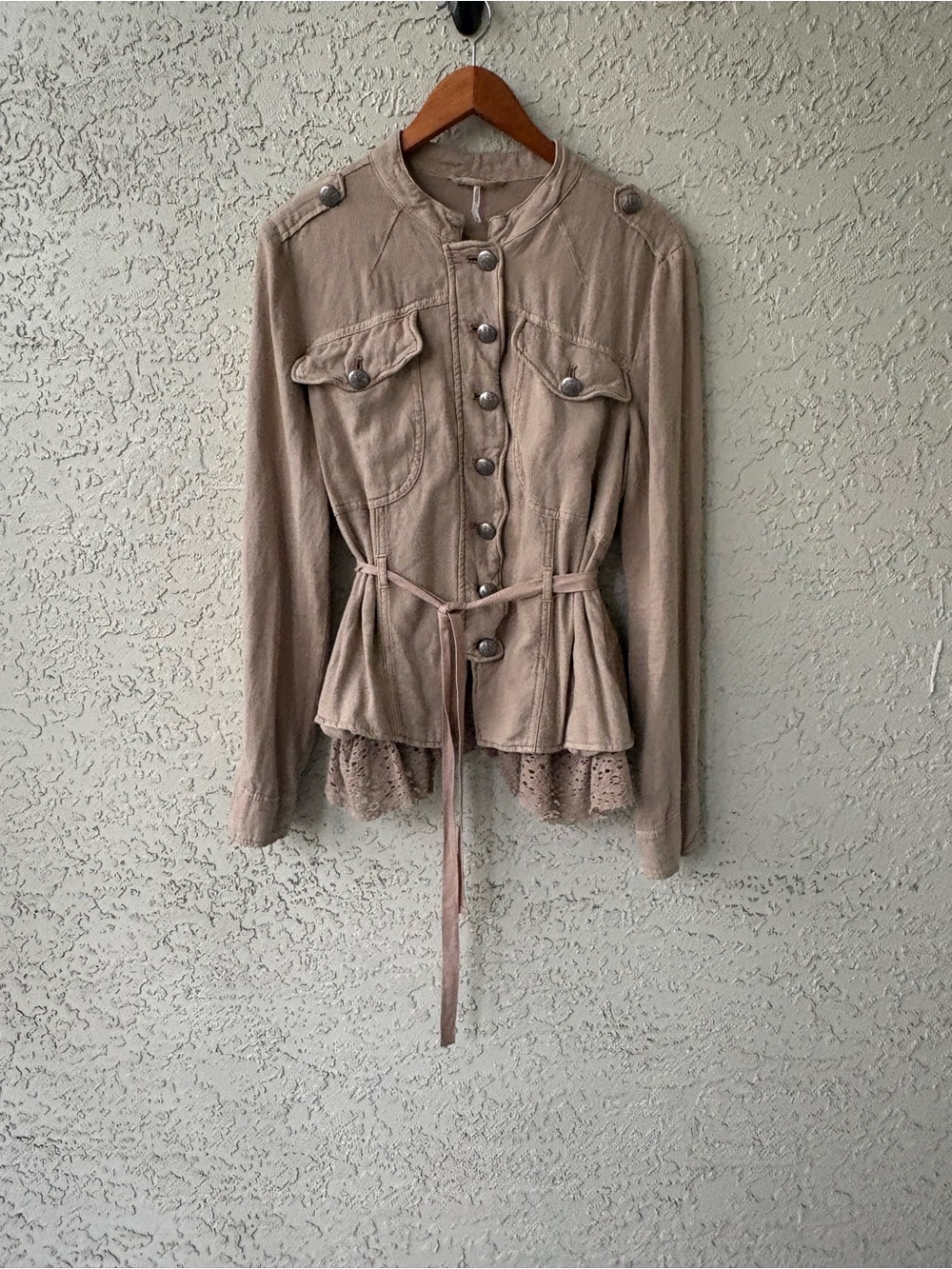 Free People Emilia Linen Blend Military Jacket Lace Hem Boho Romantic M